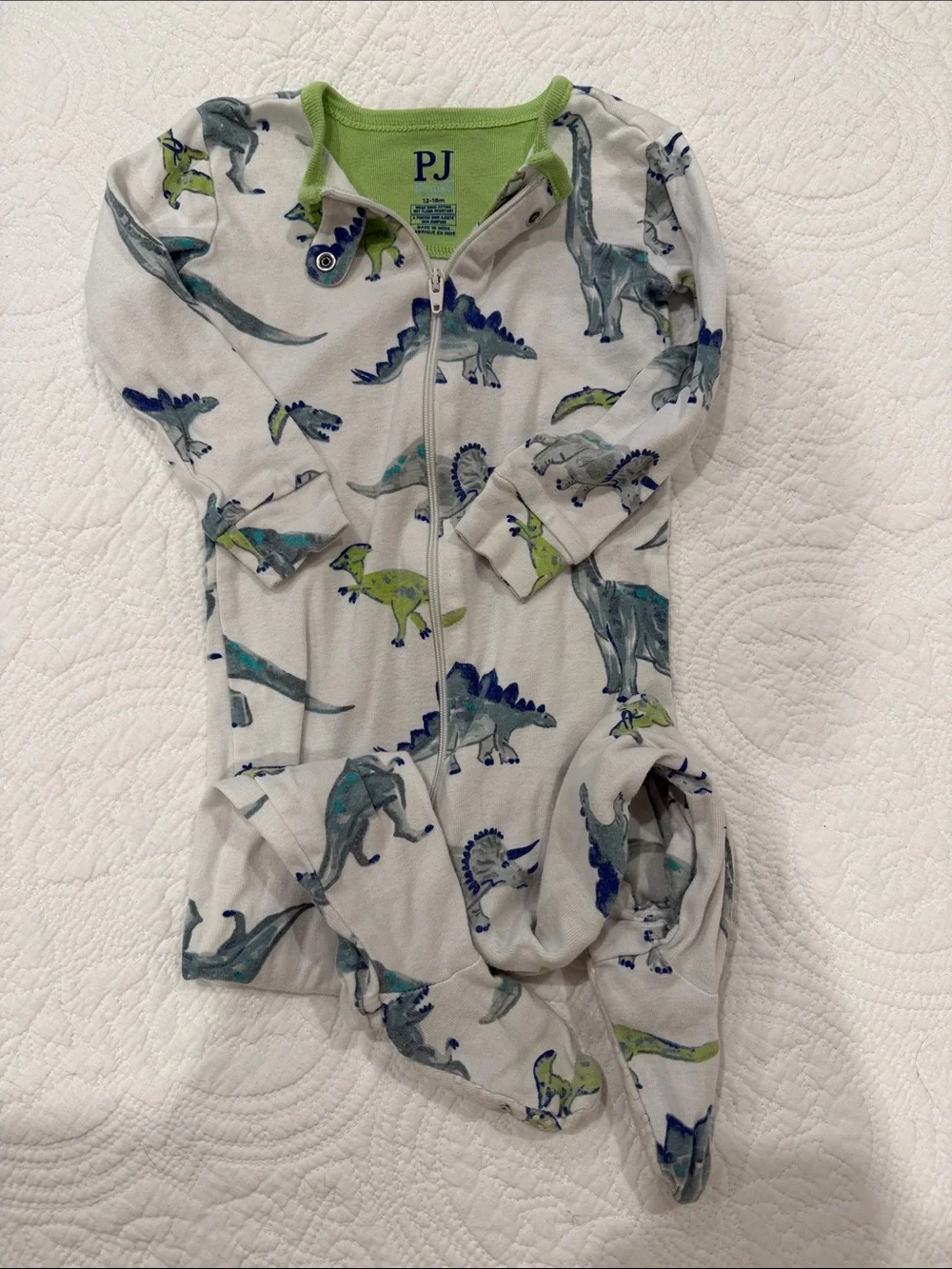 PJ Children’s Place Baby Zip Romper - White with Blue & Green Dinosaurs